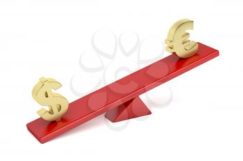 US dollar versus Euro on seesaw. Concept image for disbalance between currencies.