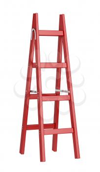 Red double sided wooden ladder isolated on white background