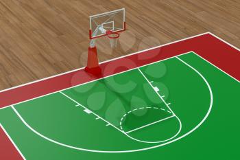 Basketball court with wooden floor, 3d rendering. Computer digital drawing.
