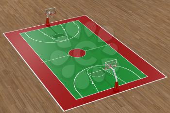 Basketball court with wooden floor, 3d rendering. Computer digital drawing.