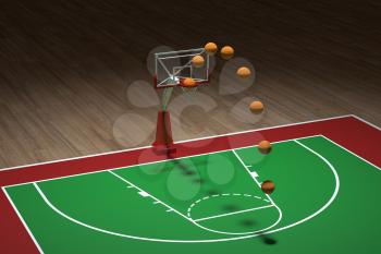 Basketball court with wooden floor, 3d rendering. Computer digital drawing.