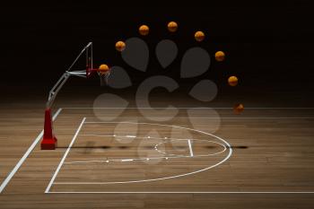 Basketball court with wooden floor, 3d rendering. Computer digital drawing.