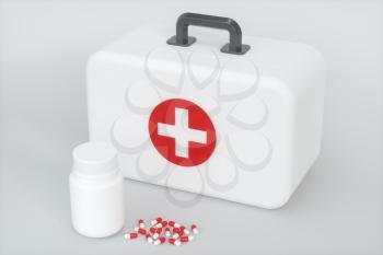 Medical kit and emergency medical equipment with white background,3d rendering. Computer digital drawing.