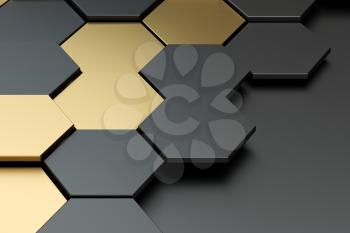 Dark and golden hexagon pattern background, 3d rendering. Computer digital drawing.