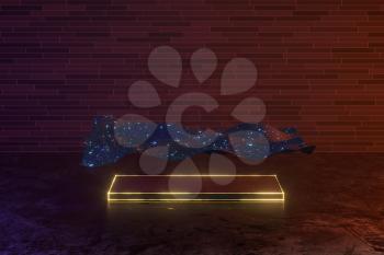Cubic podium with fabric floating over it, 3d rendering. Computer digital drawing.