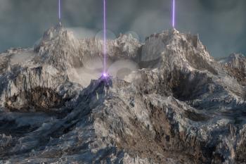 Magical peak with misty fog, 3d rendering. Computer digital drawing.