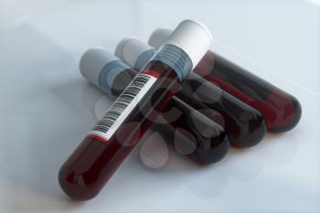 Blood test tubes with laboratory, 3d rendering. Computer digital drawing.