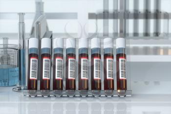 Blood test tubes with laboratory, 3d rendering. Computer digital drawing.