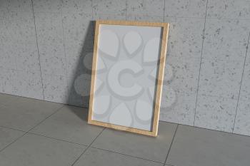 Blank white banner outside. Concrete building in the background. 3d rendering. Computer digital drawing.