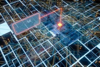 Circuit board and current data, data background, 3d rendering. Computer digital drawing.