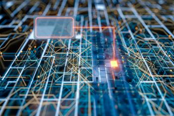 Circuit board and current data, data background, 3d rendering. Computer digital drawing.