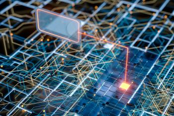 Circuit board and current data, data background, 3d rendering. Computer digital drawing.