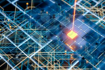 Circuit board and current data, data background, 3d rendering. Computer digital drawing.