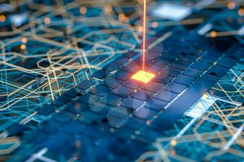 Circuit board and current data, data background, 3d rendering. Computer digital drawing.