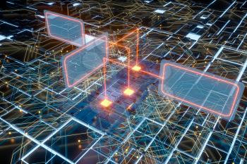 Circuit board and current data, data background, 3d rendering. Computer digital drawing.