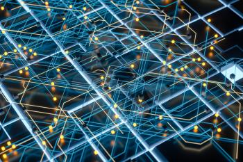 Circuit board and current data, data background, 3d rendering. Computer digital drawing.