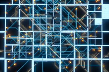 Circuit board and current data, data background, 3d rendering. Computer digital drawing.