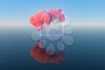 Cloud and geometric figure floating on the lake, 3d rendering. Computer digital drawing.