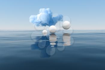 Cloud and geometric figure floating on the lake, 3d rendering. Computer digital drawing.