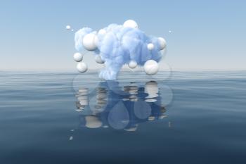 Cloud and geometric figure floating on the lake, 3d rendering. Computer digital drawing.