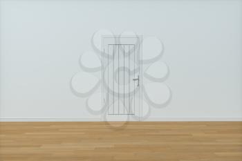 Wooden door with white wall background, 3d rendering. Computer digital drawing.