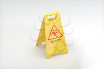 Yellow floor sign with caution on it, 3d rendering. Computer digital drawing.