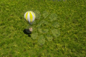 Flying hot-air balloon over the grass field, 3d rendering. Computer digital drawing.