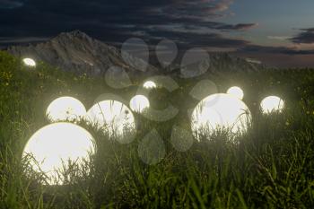 Glowing magic balls in the grass field, 3d rendering. Computer digital drawing.