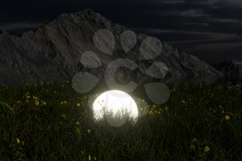 Glowing magic balls in the grass field, 3d rendering. Computer digital drawing.