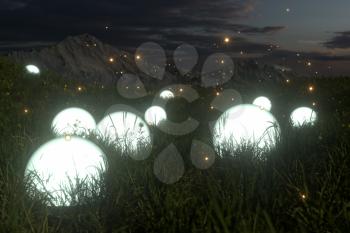 Glowing magic balls in the grass field, 3d rendering. Computer digital drawing.