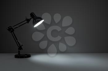 Black decorative lamps with empty desk background, 3d rendering. Computer digital drawing.