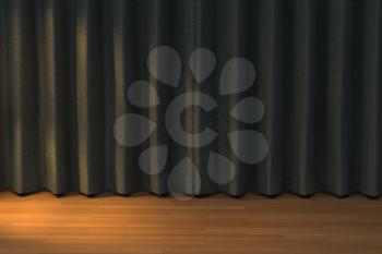 Black curtain and wooden floor, 3d rendering. Computer digital drawing.