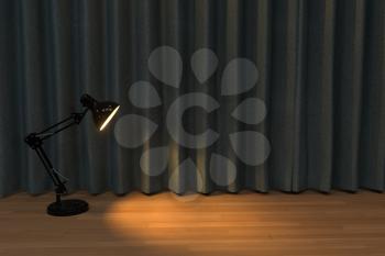 Retro lamp with black curtain background, 3d rendering. Computer digital drawing.