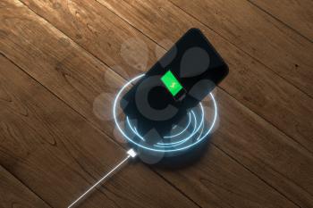 The charging mobile phone with wireless charger, 3d rendering. Computer digital drawing.