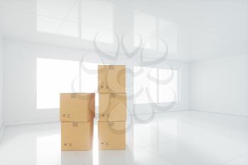 Stacked cardboard in the empty room, with sunlight come from the windows, 3d rendering. Computer digital drawing.