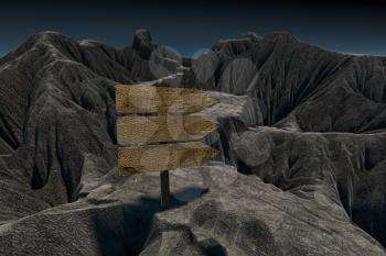 Empty wooden guide board and mountain road, 3d rendering. Computer digital drawing.