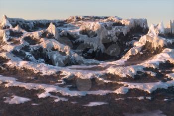 Mountain landscape tops covered with snow, 3d rendering. Computer digital drawing.