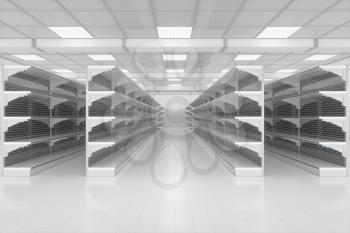 Empty supermarket shelves in the supermarket, 3d rendering. Computer digital drawing.