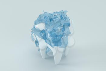 White tooth with blue liquid on it, 3d rendering. Computer digital drawing.