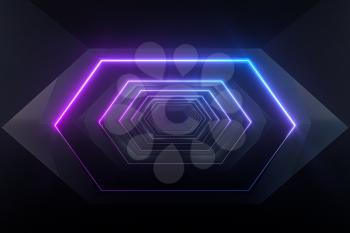 Hexagonal tunnel with neon light, modern architecture, 3d rendering. Computer digital drawing.