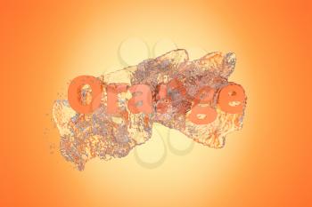 3D font of orange with water pouring down, 3d rendering. Computer digital drawing.