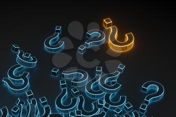 Glowing question marks with dark background, 3d rendering. Computer digital drawing.