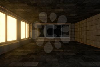 Empty brick house with dark background,3d rendering. Computer digital drawing.