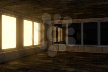 Empty brick house with dark background,3d rendering. Computer digital drawing.