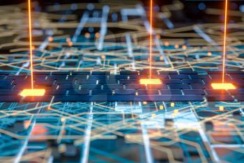 Circuit board and current data, data background, 3d rendering. Computer digital drawing.