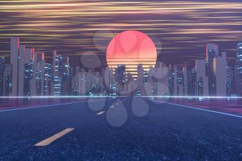 Urban road and sunset sky,abstract conception,3d rendering. Computer digital drawing.