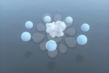 Balls and clouds floating on the lake,peaceful scene,3d rendering. Computer digital drawing.