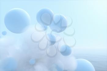 Balls and clouds floating on the lake,peaceful scene,3d rendering. Computer digital drawing.