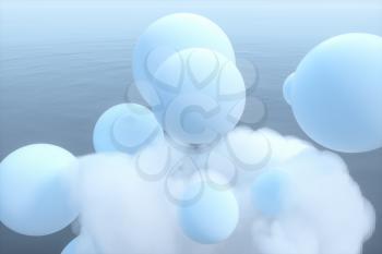 Balls and clouds floating on the lake,peaceful scene,3d rendering. Computer digital drawing.