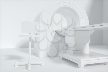 The medical equipment CT machine in the white empty room, 3d rendering. Computer digital drawing.